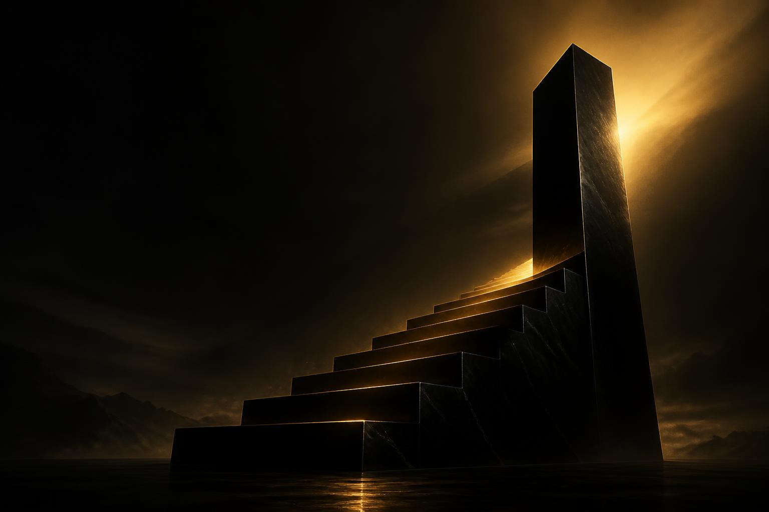 Escalera de obsidiana iluminada por luz dorada que simboliza ascenso y disciplina